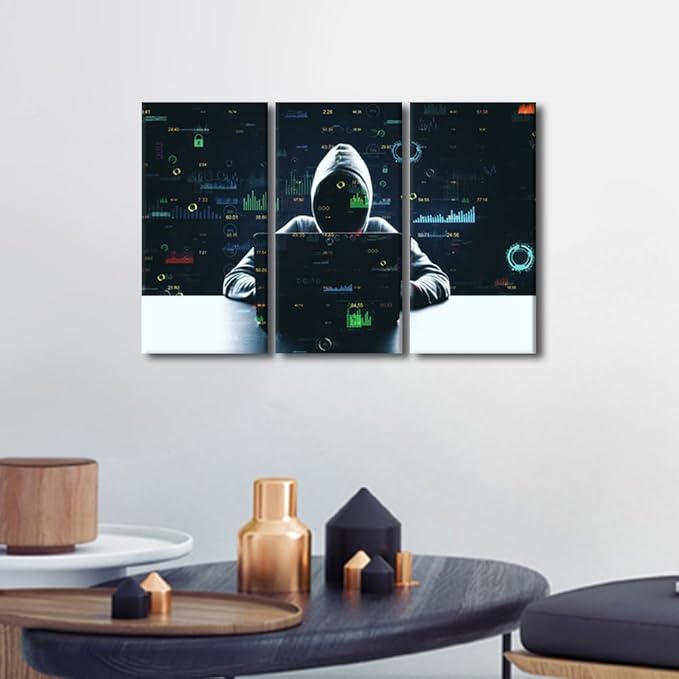 TUMOVO AI Big Data Posters Canvas Print Hacker Malware Art Prints 3 Pieces Wall Art Hacker Paintings Pictures Prints on Canvas Giclee Artwork Framed Ready to Hang Posters and Prints, 36" Wx24 H