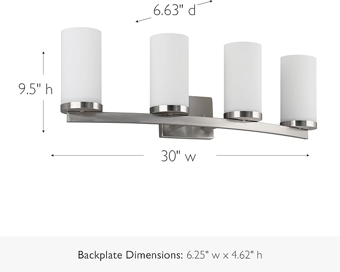 Design House Desta Vanity Light, 4-Light, Curved Bar Design, Frosted Glass Glow, Dimmable, Up/Down Mountable, E26 Socket, Satin Nickel, 30.0 in L x 6.6 in W x 9.5 in H, 589168-SN
