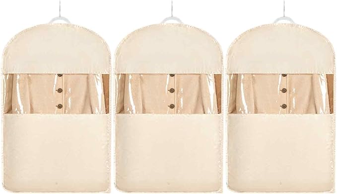 Space Saving Hanging Garment Bag with Self Compression Zipper，Dust Cover Clothes Bags for Down Coat,Dress,Suit，Closet Storage Organizer for Home Travel Use (Beige, Medium)
