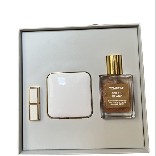 Tom Ford Soleil Look Set 3pc Soleil Shimmering Body Oil Rose Gold Highlighting Duo Reflects Gilt Paradiso Lip Color Sheer