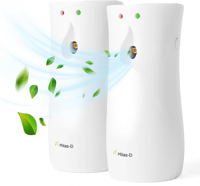 Automatic Air Freshener Spray Dispenser (2-Pack), Custom Timing (Day/Night/24H, 7.5/15 min), Wall Mounted or Free Standing, for Home and Commercial, Compatible with Glade Refill Can, White, Milas-D