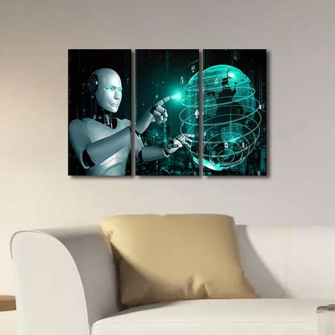 TUMOVO 3 Panels Canvas Wall Art - Robot Canvas Wall Art AI Paintings Canvas Print Large Wall Decor AI Intelligence Pictures Modern Artwork for Wall Decorations Framed Ready to Hang, 36" Wx24 H