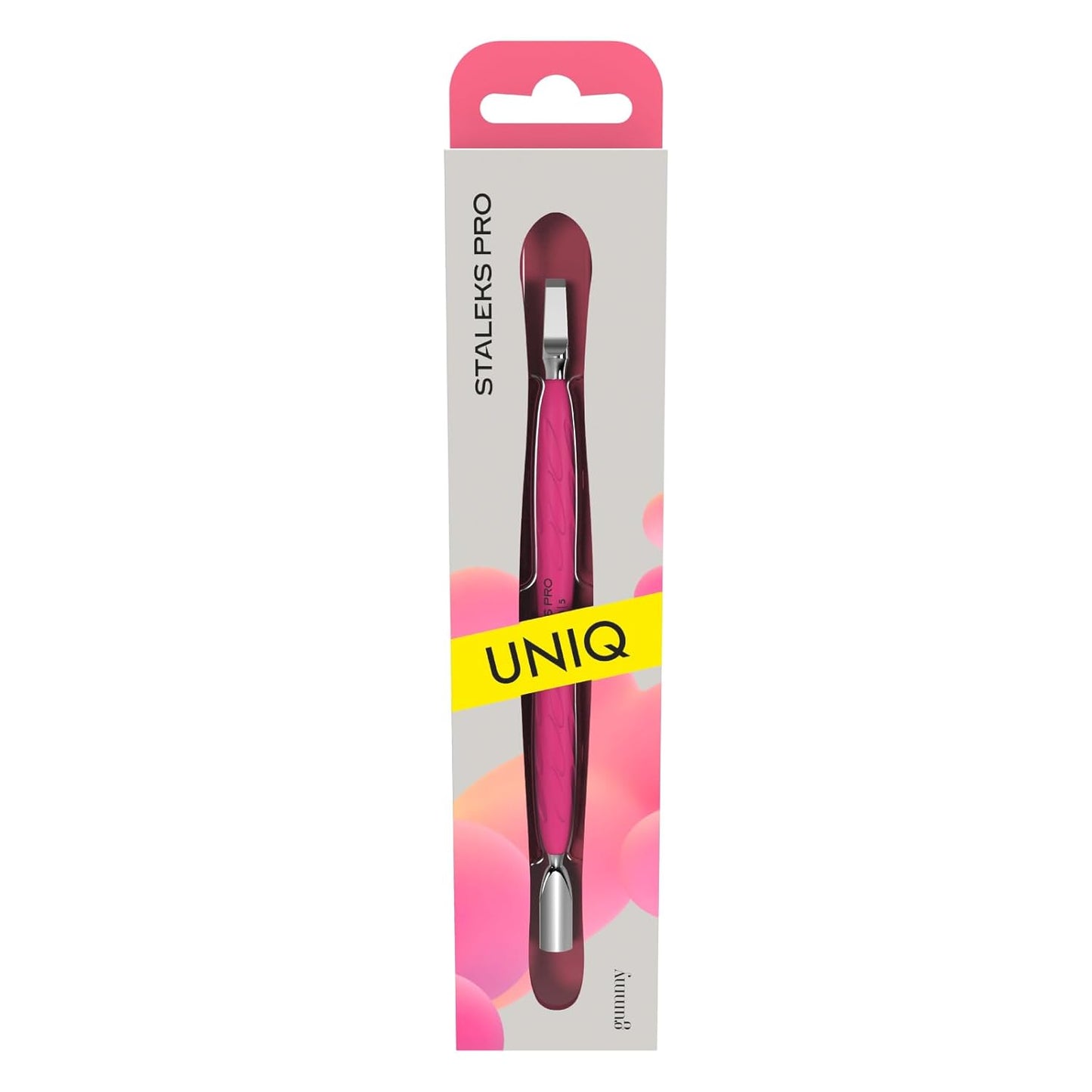 Staleks Manicure pusher Gummy with silicone handle UNIQ 10 TYPE 5 – Stainless Steel – Professional Cuticle Tool (rounded narrow pusher and straight blade)