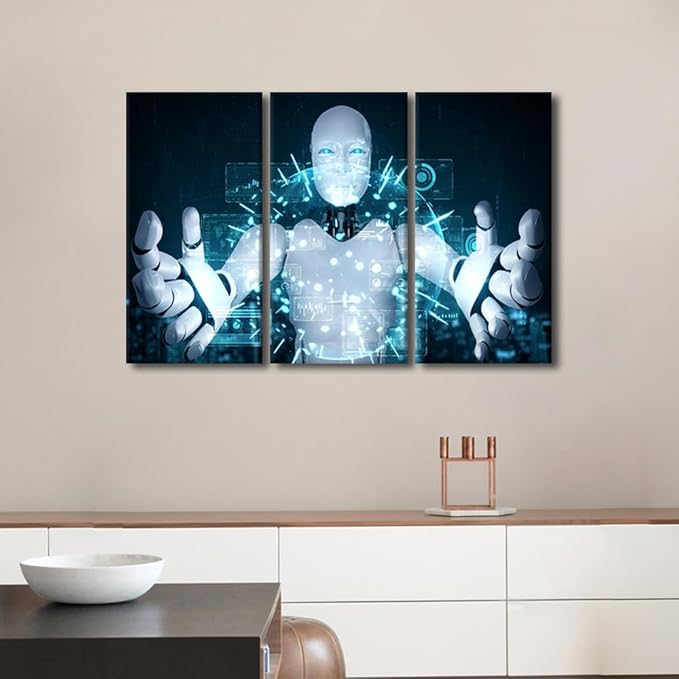TUMOVO Wall Decorations for Living Room Robot Pictures Paintings Canvas Print 3 Panels Wall Art AI Intelligence Canvas Wall Art Modern Artwork Stretched and Framed Ready to Hang, 42" Wx28 H