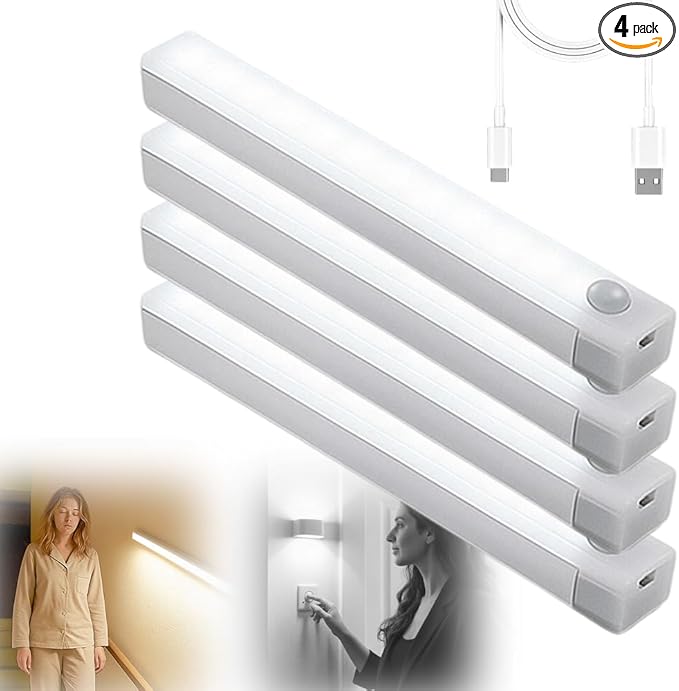 Punch-Free Smart Sensor Magnetic Rechargeable LED Lights, 2026 Upgraded Lntelligent Motion Sensor Light Strip, 3 Colors-Dimmable, Under Cabinet Lighting Wireless (4, White Light, 30cm/11.8in)