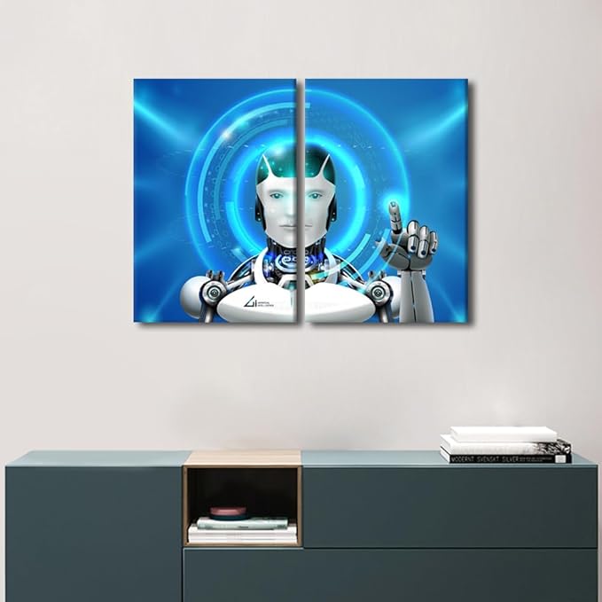 TUMOVO 3 Pieces Canvas Wall Art Robot Prints Artwork Wall Decor AI Intelligence Picture for Bedroom Living Room Giclee Paintings Posters Framed Ready to Hang Prints, 24" Wx16 H