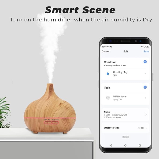 WiFi+Bluetooth Smart Essential Oil Diffuser Compatible with Alexa, Ultrasonic Aromatherapy Diffuser & Mist Humidifier with Voice & APP Remote Control, Schedule & Timer,RGB Light (US)