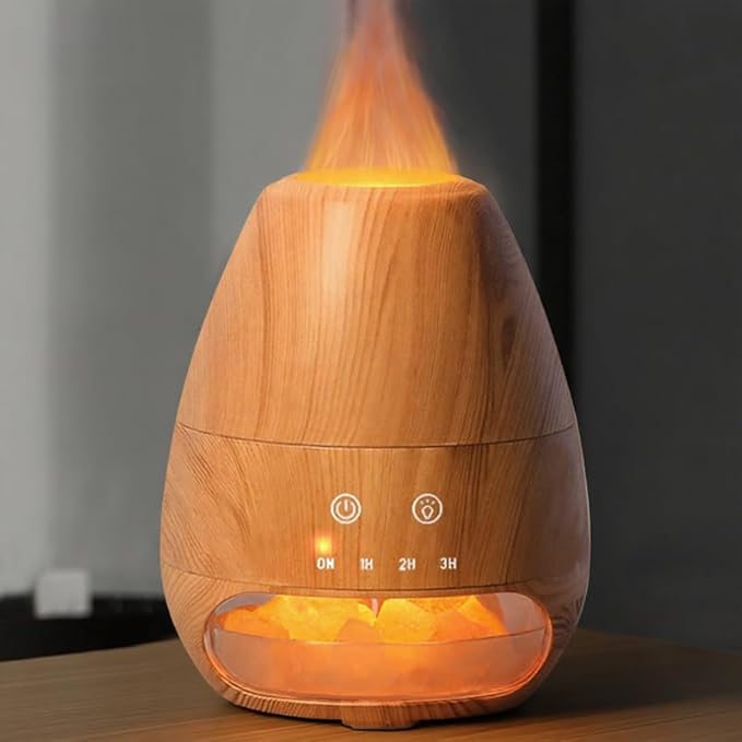 Ultrasonic Essential Oil Diffuser with Himalayan Salt Rock,Flame Diffuser with 2 Color Light,Small Aromatherapy Oil Diffuser with Auto Off Function for Home, Office,Spa,100ML,Wooden Grain