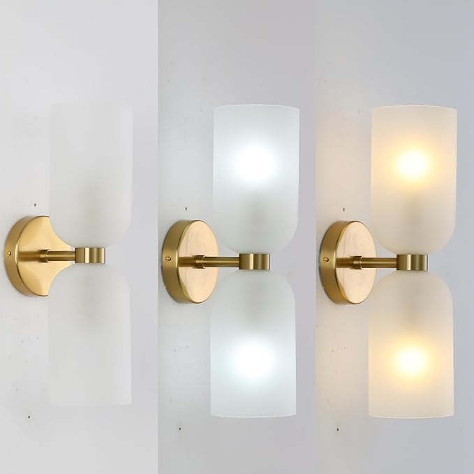 Minimalist 2-Light Gold Wall Sconces with Cylinder Glass Shades- Mid Century Vanity Wall Double Lights Hardwired- Modern Indoor Glass Wall Mounted Art Decor Lights (Frosted White, 1 Pack)