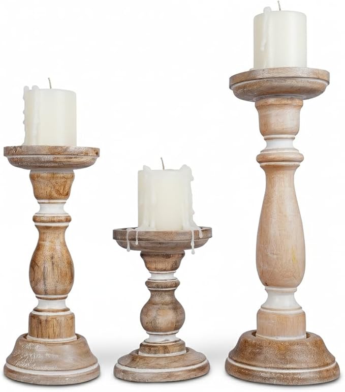 Mela Artisans Wooden Pillar Candle Holders | Tuli Design | Set of 3 Mango Wood Candlesticks | Whitewash | Sizes 6" & 9" & 12" | Decorative Centerpiece for Table | Mantel | Wedding | Living Room Decor