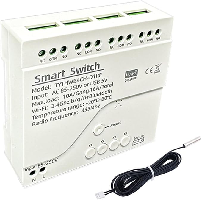 Tuya WiFi Smart Temperature Sensor Controller, 4CH 85-250V Relay Switch, Remote Voice Control, APP Remote Control, Dry Contact, Real-Time Monitoring, Compatible with Alexa and Google Home