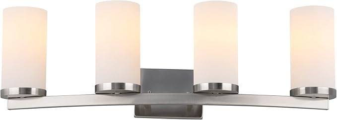 Design House Desta Vanity Light, 4-Light, Curved Bar Design, Frosted Glass Glow, Dimmable, Up/Down Mountable, E26 Socket, Satin Nickel, 30.0 in L x 6.6 in W x 9.5 in H, 589168-SN