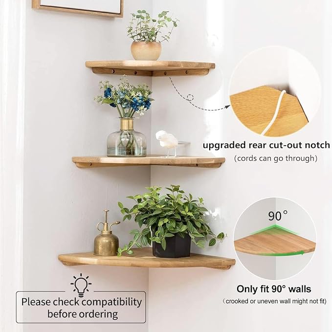 Corner Shelf, Solid Oak Wood Floating Corner Shelf Wall Mount Round End Floating Speaker with Wire Hole for Small Plant Photo for Bedroom Kitchen, Living Room