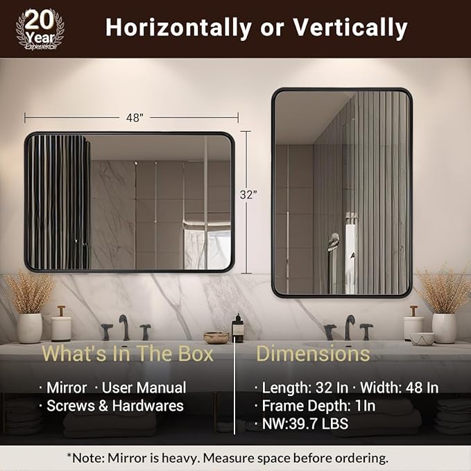 ANDY STAR 48X32 Inch Black Bathroom Mirror, Black Bathroom Vanity Mirrors for Wall, Rounded Rectangle Mirror for Bathroom, Seamless Tube Metal Frame, 1’’ Deep Wall Mounted Vertical/Horizontal