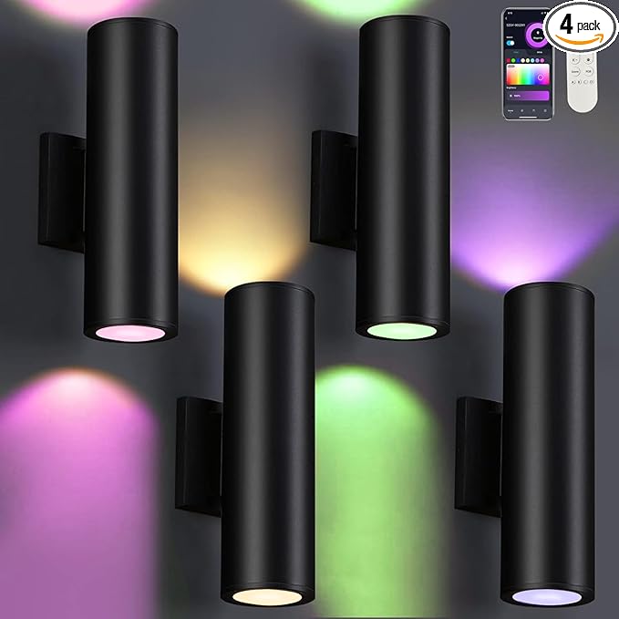 Smart Wall Lights, Modern Up and Down Outdoor Lights, Cool White and Warm White RGB Color Changing Wall Lighting IP65, Smart Wall Sconces GU10 Exterior Light Fixture(4 Pack)