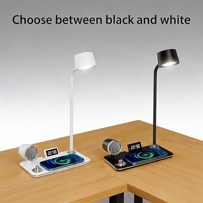 All-in-One Bedside Lamp with Wireless Charger, Digital Clock, Bluetooth Speaker & Adjustable Lighting - 15W Fast Wireless Charging, Dimmable 3 Color Modes, Flexible Gooseneck,HYT-1772 White.