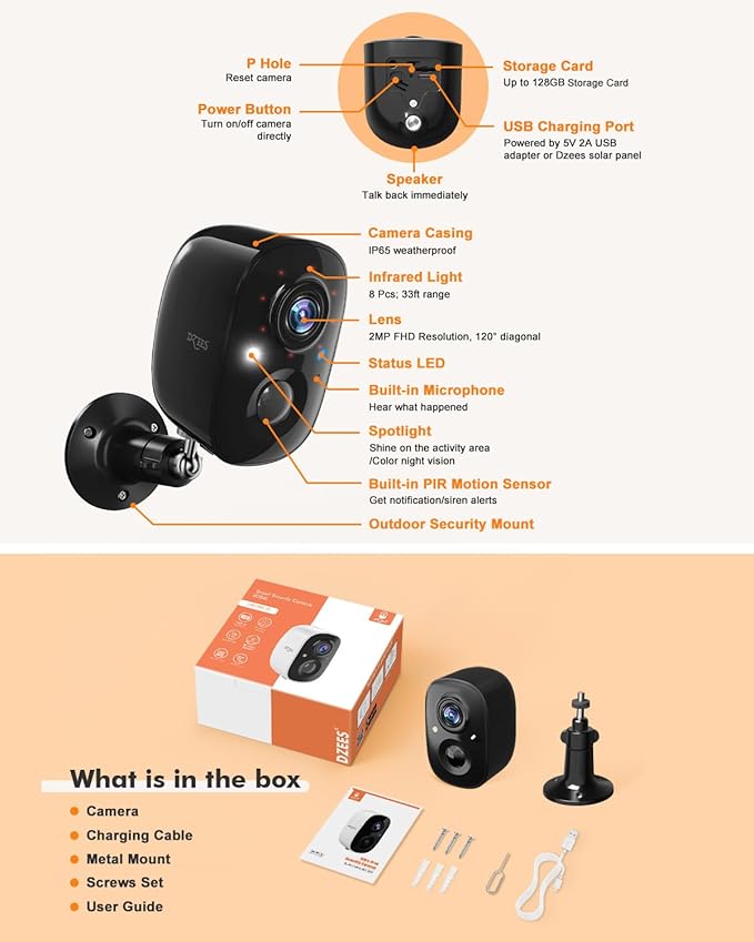 Dzees Security Camera Outdoor Wireless - Upgrade 2K 3MP Battery Powered WiFi Outdoor Camera Wireless, Spotlight, Siren, AI Dectection, Color Night Vision, IP66 Waterproof Cloud/SD-Black