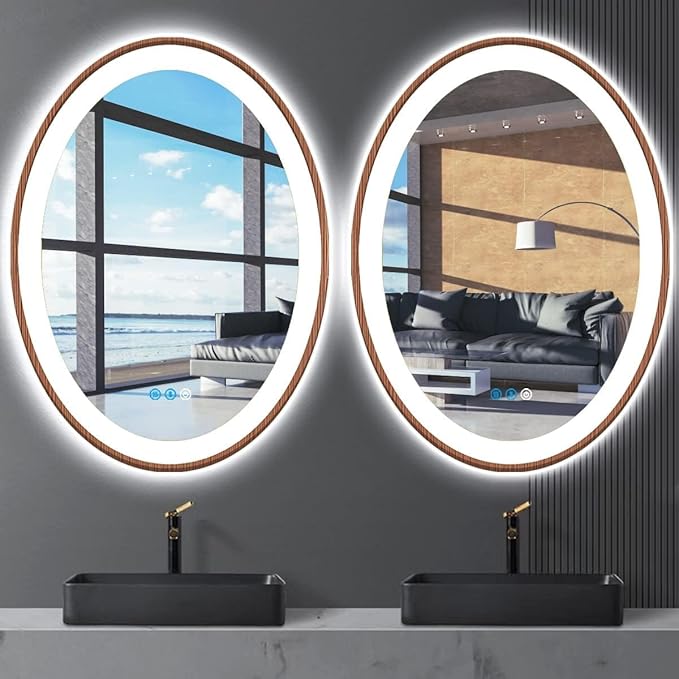 24 x 32 Inch Wood Frame LED Oval Mirror with Lights Smart Memory 3 Color Dimmable AntiFog Wooden Grain Design 32 Inch Wood Oval Lighted Vanity Mirror for Bathroom Wall Mounted