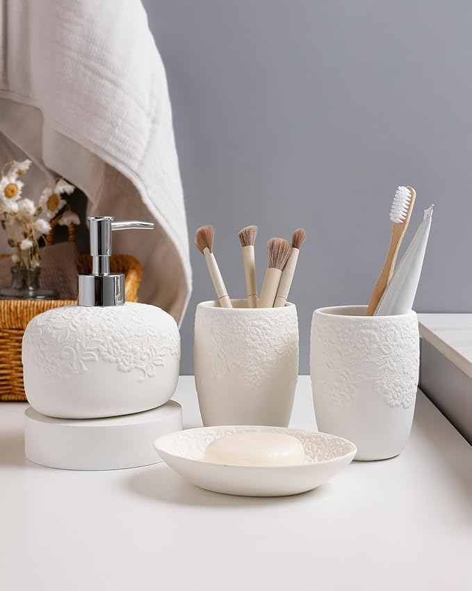Bathroom Accessories Set with Embossed Design 4PCS, Ceramic White Bathroom Accessory Set Bathroom Toothbrush Holder Set Home Decor, 1 Soap Dispenser 13.5oz, 2 Tumbler Cup, 1 Soap Dish, ANTIS'S HOME