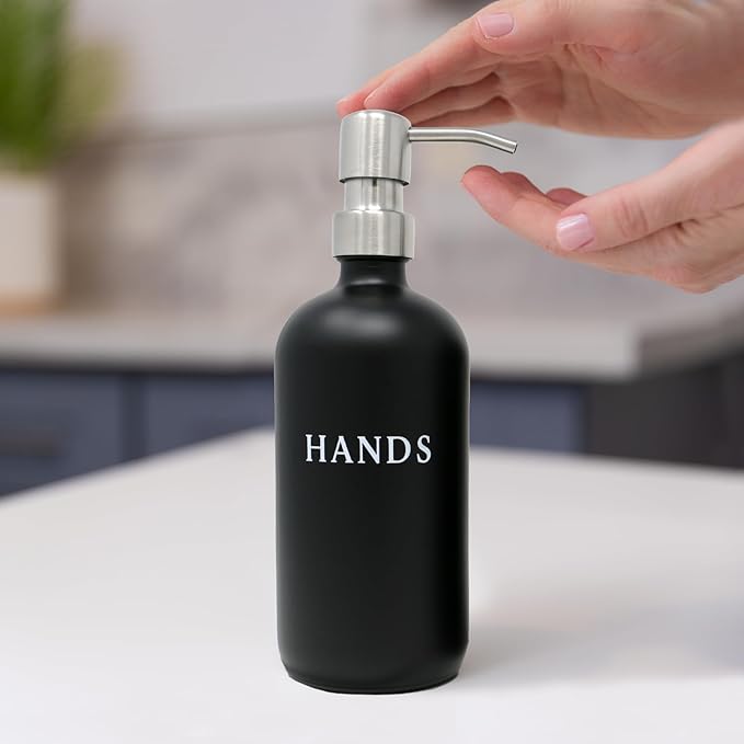 Black Glass Hand and Dish Soap Dispenser Set with Bamboo Tray – 16 oz Kitchen Soap Dispenser Set, Stainless Steel Pumps, Silicone Funnel – Modern Farmhouse Kitchen Sink Decor and Accessories