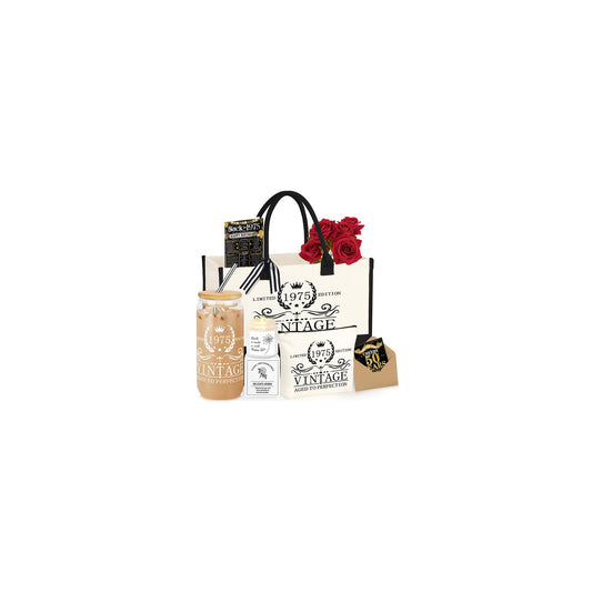 DOGMEM 50th Birthday Gifts for Women Tote Bag Birthday Gifts for Her Turning 50 Vintage 1975 50 Years Old Gifts for Mom Wife Sister 1975 Canvas Tote Bag Makeup Bag Back in 1975 Poster Gifts for Her
