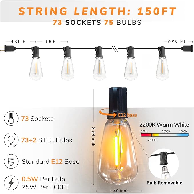 Achin Outdoor String Lights 150FT LED ST38 Edison Vintage String Lights Outdoor Dimmable Warm 2200K with 75 Shatterproof Bulbs Plastic String Lights Waterproof for Patio Bistro Gazebo Lights