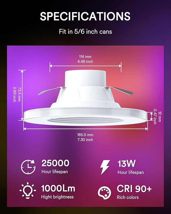Grace Smart Recessed Lighting 6 Inch, RGBCW LED Can Lights with Night Light, Retrofit Downlight Works with Alexa/Google, 2700K-6500K Dimmable Color Changing Ceiling Light for Bedroom Living Room,1Pack