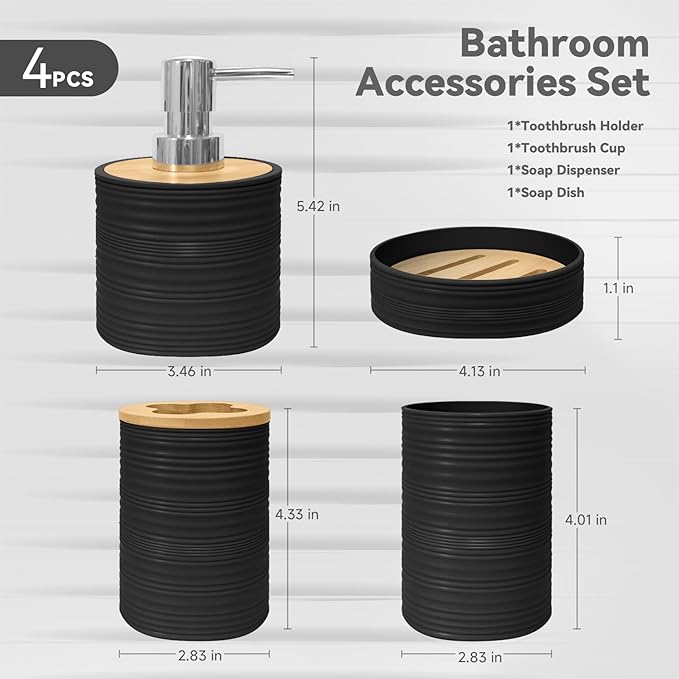 Bathroom Accessories Set 4 PCS, Bamboo Bathroom Accessory Set Includes Soap Dish, Soap Dispenser, Toothbrush Holder, Toothbrush Cup, Bathroom Sets Accessories, Boho Bathroom Decor(Black)
