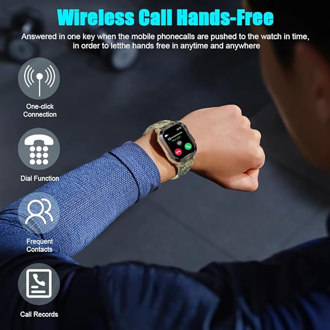 QTLLBT Military Outdoor Watch Altimeter Barometer Compass Tactical Smart Fitness Watch Heart Rate Sleep Monitor 100+ Sport Modes Fitness Available for Android and iOS (Camouflage Yellow)