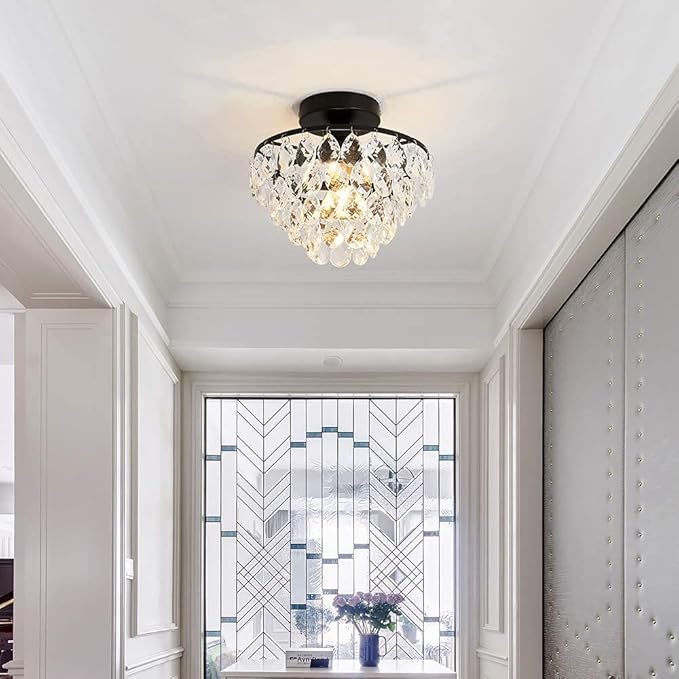 YYJLX Modern Small Crystal Ceiling Light Fixture Mini Black Semi Flush Mount Chandelier Light Fixture for Hallway Bedroom Bathroom Closet e26