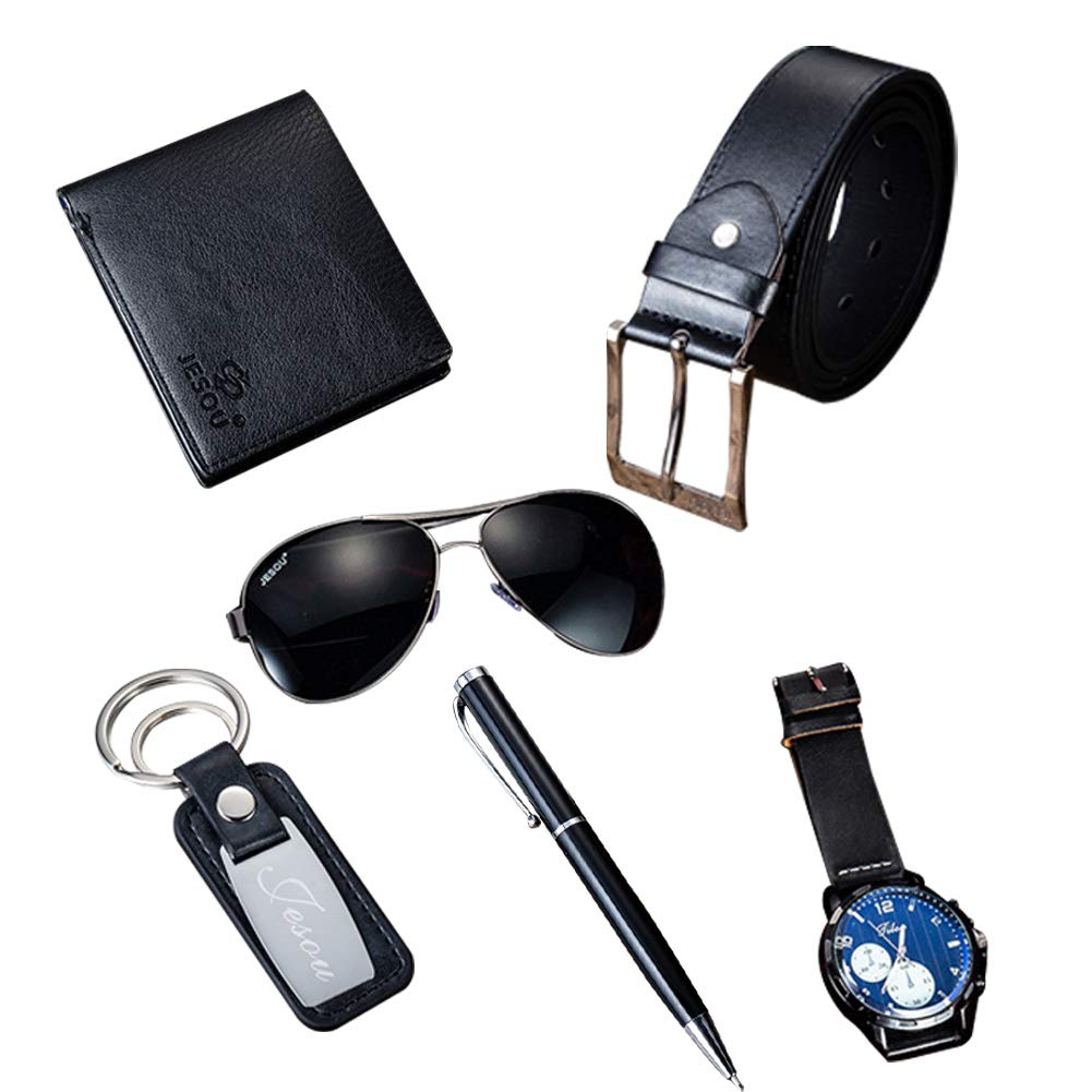 Belt Men Leather Black Set with Wallet Keychain Ballpoint Pen Sunglasses Watch Set for Men, Birthday Gifts for Boyfriend Husband Dad, Valentines Day Gifts for Him