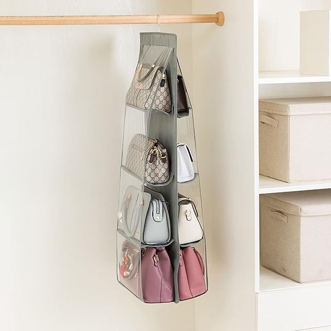 HAN SHENG 8 Pockets Clear Handbag & Purse Organizer Hanging Bag Storage - Space Saving Hanging Shelf for Closet, Wardrobe, Over Door (1 Pack, Grey)