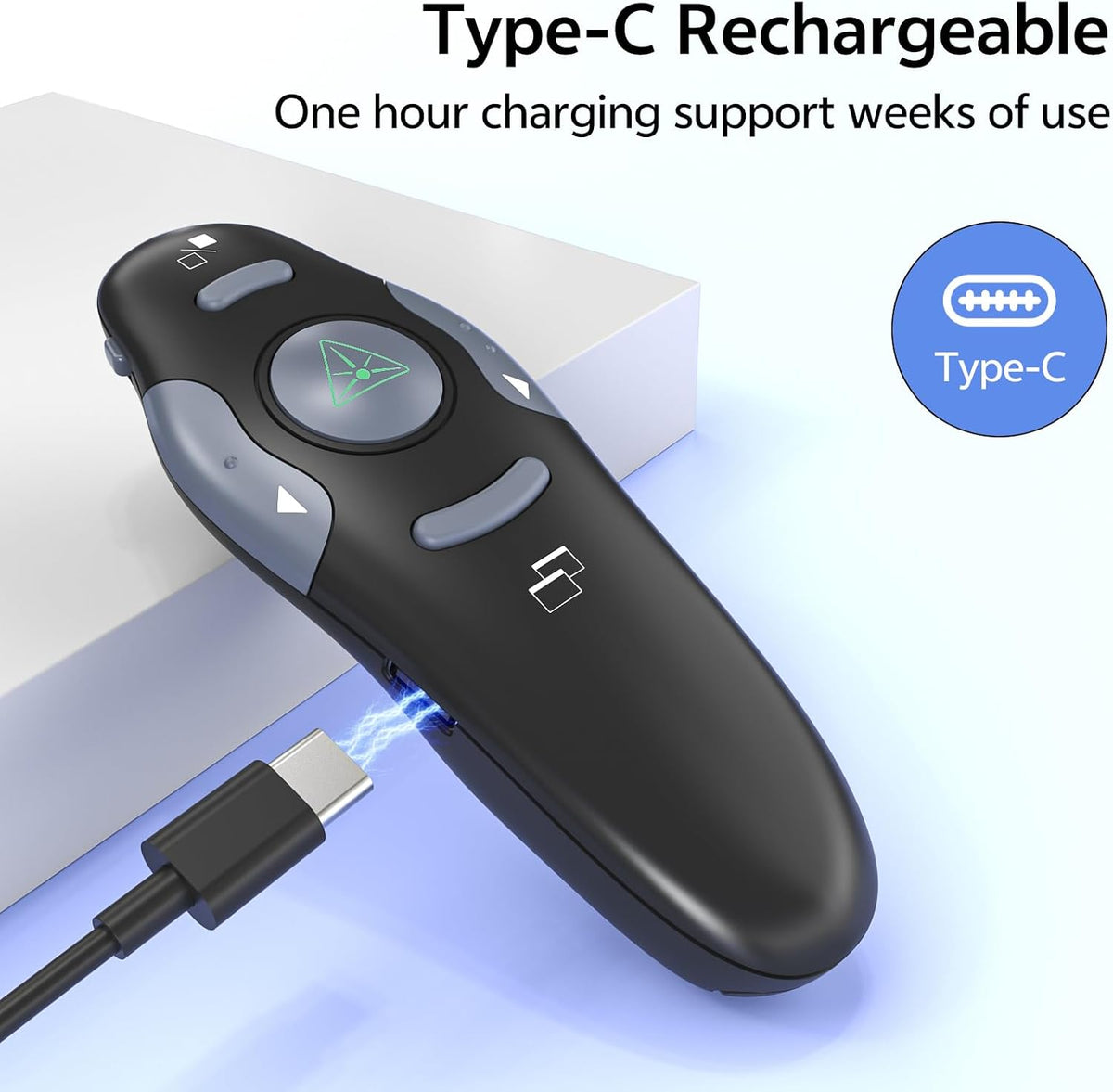Presentation Clicker with Case Storage Wireless Presenter Remote USB Type C Rechargeable Green Laser Pointer PowerPoint Clickers for Computer Mac Project PPT Slideshow Google Slide Advancer
