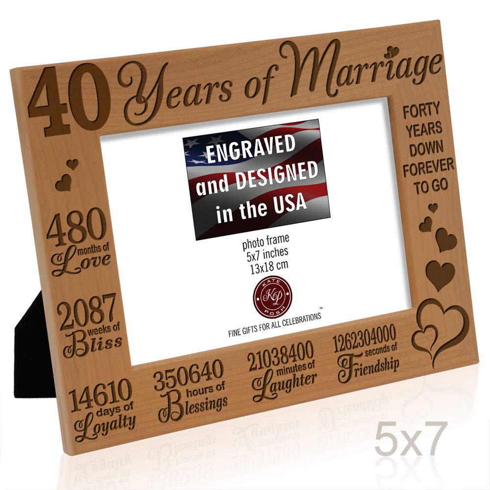 KATE POSH 40 Years of Marriage Engraved Natural Wood Picture Frame, 40 Years Together as Husband and Wife, 40 Years Down Forever to Go, 40th Anniversary (5x7 Horizontal)