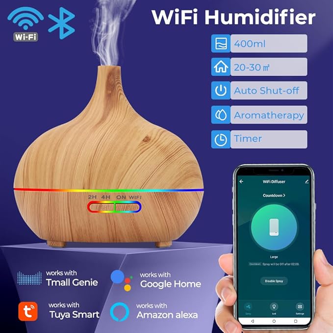 WiFi+Bluetooth Smart Essential Oil Diffuser Compatible with Alexa, Ultrasonic Aromatherapy Diffuser & Mist Humidifier with Voice & APP Remote Control, Schedule & Timer,RGB Light (US)