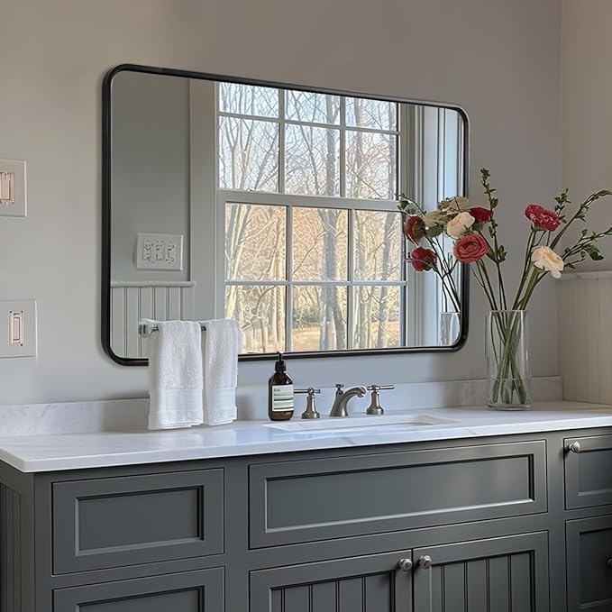 ANDY STAR 48X32 Inch Black Bathroom Mirror, Black Bathroom Vanity Mirrors for Wall, Rounded Rectangle Mirror for Bathroom, Seamless Tube Metal Frame, 1’’ Deep Wall Mounted Vertical/Horizontal
