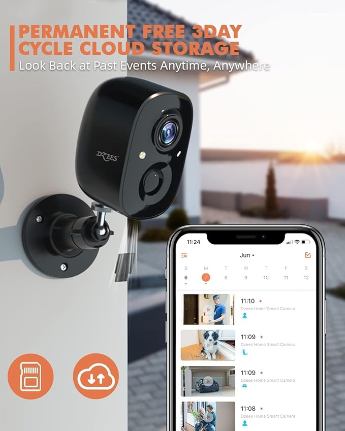 Dzees Security Camera Outdoor Wireless - Upgrade 2K 3MP Battery Powered WiFi Outdoor Camera Wireless, Spotlight, Siren, AI Dectection, Color Night Vision, IP66 Waterproof Cloud/SD-Black