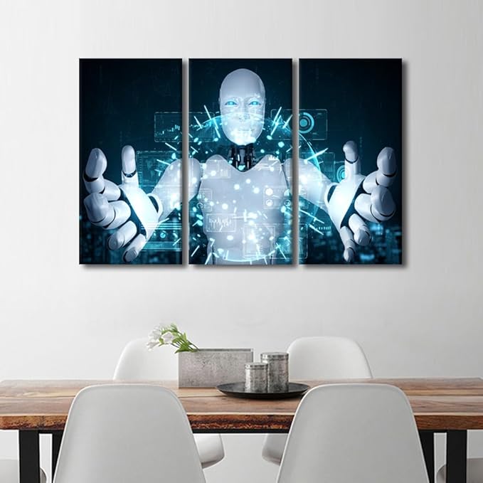 TUMOVO 3 Panels Canvas Wall Art Robot Painting Prints on Canvas Wall Art AI Intelligence Pictures Giclee Artwork for Home Walls Animal Posters Gallery-wrapped Framed Ready to Hang, 60" Wx40 H