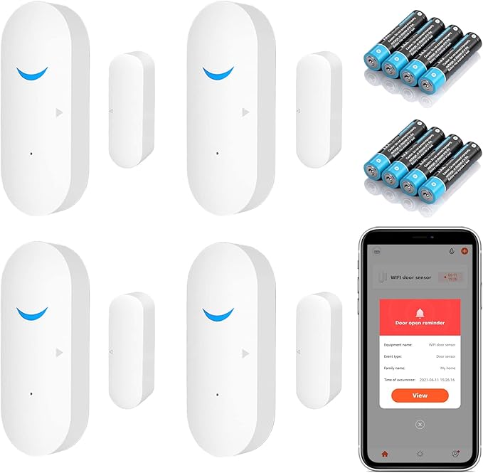 Smart Door Sensor Alarm Wireless, WiFi Door Window Detector with 8 Batteries, Smart Linkage Window Door Contact Sensor for Home Security Compatible with Alexa/Google Assistant, No Hub Required, 4 Pack