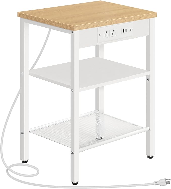 HOOBRO Side Table with Charging Station and USB Ports, Small End Table for Small Space, 3-Tier Nightstand with Adjustable Shelf, for Living Room, Bedroom and Balcony, Natural and White WN112BZ01