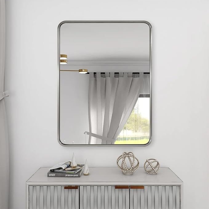 ANDY STAR Brushed Nickel Bathroom Mirror, 40”X30” Satin Nickel Mirror for Vanity, Rounded Rectangle Mirrors in SUS304 Anti-Rust Tube Metal Frame, Wall Mounted Horizontal/Vertical 1’’ Deep