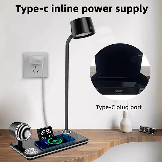 All-in-One Bedside Lamp with Wireless Charger, Digital Clock, Bluetooth Speaker & Adjustable Lighting - 15W Fast Wireless Charging, Dimmable 3 Color Modes, Flexible Gooseneck,HYT1772 Black.