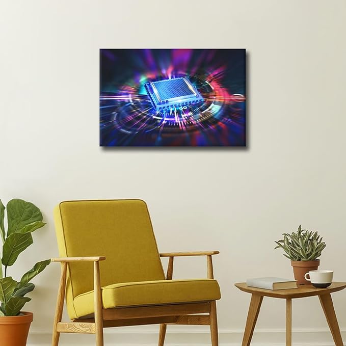AI Canvas Wall Art for Bedroom Living Room Computer Chip Modern Home Decor CPU Concept Painting Pictures Futuristic CPU Office Wall Decor Contemporary House Artwork Frame Ready to Hang, 24x16in
