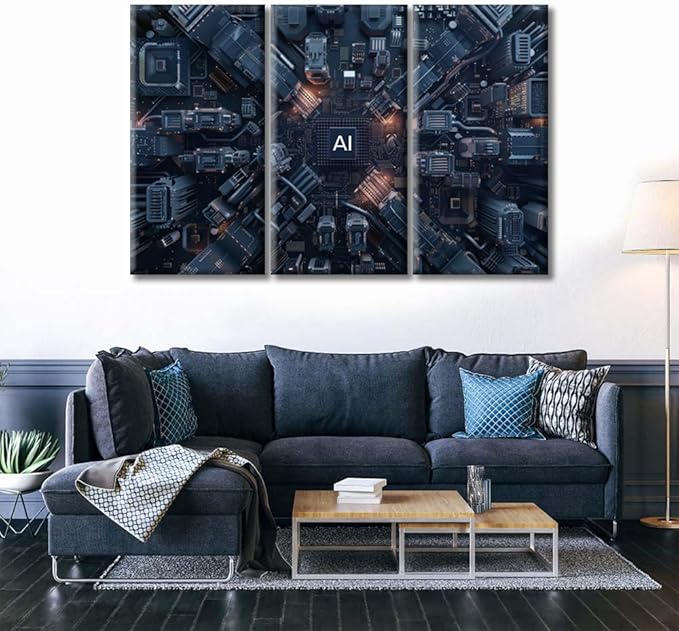 Large 3 Piece Canvas Wall Art 3D Technology Motherboard Pictures Art Paintings AI Advanced Circuitry Modern Home Decor Print for Home Living Room Dining Room Office Framed Ready to Hang 60"Wx40"H