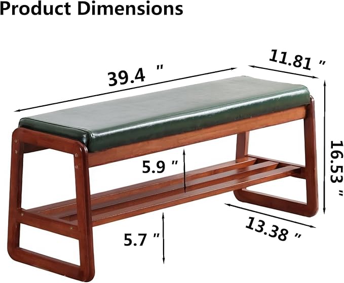 Solid Wood Shoe Bench, 2-Tier Wooden Entryway Bench, Modern Shoe Rack with Faux Leather Cushion for Hallway, Living Room (Green, 39.4'')