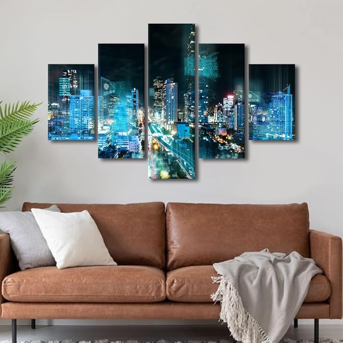 Night Cityscape Wall Art Thailand Wireless Network Picture Modern Home Decoration 5 Panel Smart City Poster Internet Workers Bedroom Decoration Frame and Stretched Ready to Hang 60x40 Inch