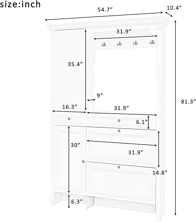 Merax Hall Tree with Shoe Storage, Entryway Coat Rack with 4 Hooks, 2 Flip Drawers, and 2 Cabinets, Modern Hall Trees for Hallway, Living Room,White