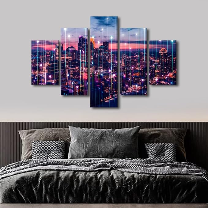 Modern Technology City Canvas Art Metaverse Concept Poster 5 Panel Urban Skyline Poster Big Data Worker Office Living Room Decor Men Home Decor Artwork Frame and Stretched Ready to Hang 60x40 Inch