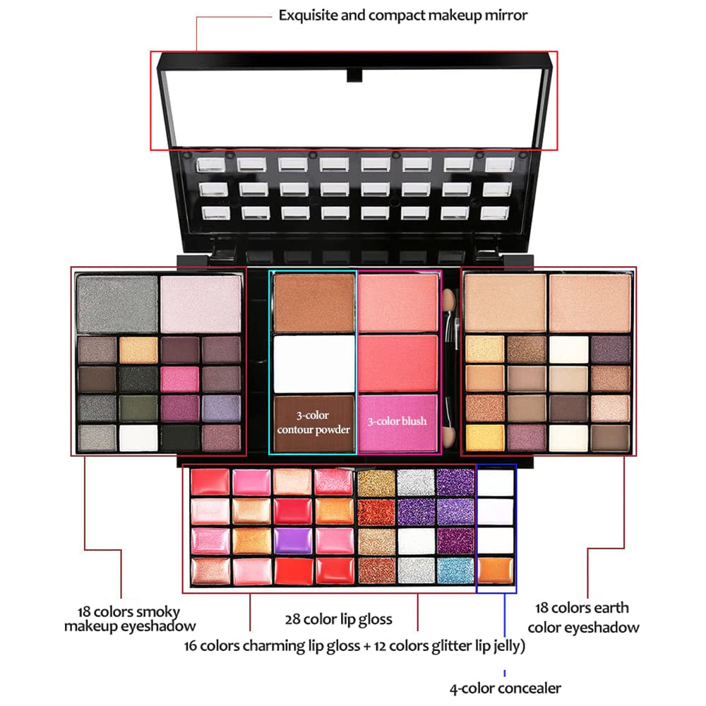 74 Colors Cosmetic Makeup Palette Set Kit Combination with Eyeshadow Facial Blusher Eyebrow Powder Face Concealer Powder With Mirror + 13pcs brush All-in-One Makeup Kit