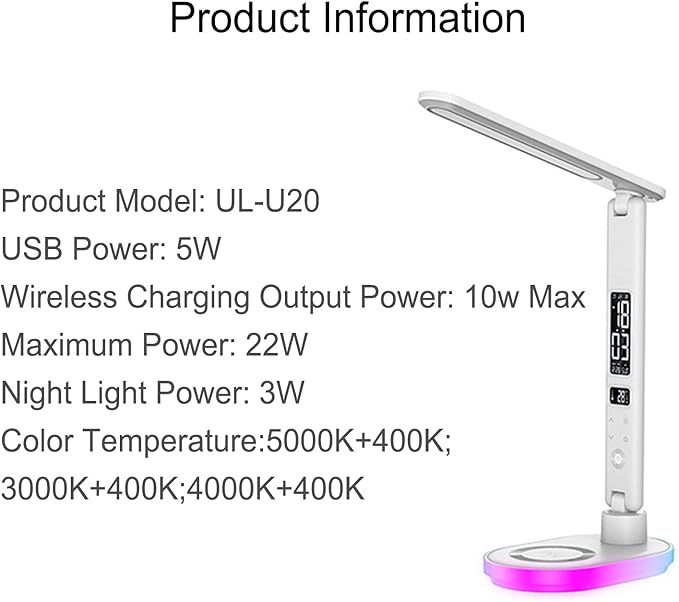 Multi Functional Table Lamp,Multifunctional Foldable Desk Lamp with Wireless Charging, Perpetual Calendar Display, Adjustable Angle, Night Light, and RGB Lighting,U20 White.